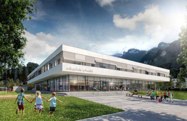 Ein Rendering des geplanten Gebäudes für die Volksschule im Stadtteil Schwefel. arge tabernig-zierl architekten/Stadt Hohenems