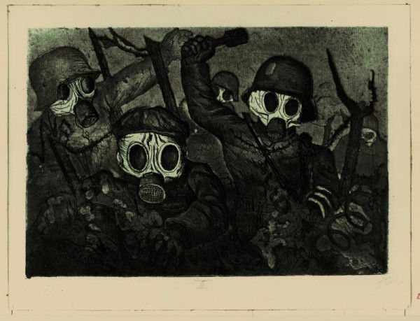 Radierung „Sturmtruppe geht unter Gas vor“ von Otto Dix.Vg Bild-Kunst Bonn, 2016