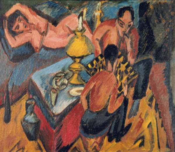 Ernst Ludwig Kirchner: „Erich Heckel und Otto Mueller beim Schach“, 1913 (links) und „Leuchtturm Staberhuk, Fehmarn“, 1912 (oben), jeweils Öl auf Leinwand. kunSThaus zürich (2)