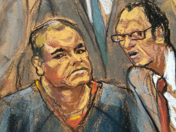 Joaquin Guzman (l.) und sein Dolmetscher vom Gerichtszeichner gemalt. Reuters