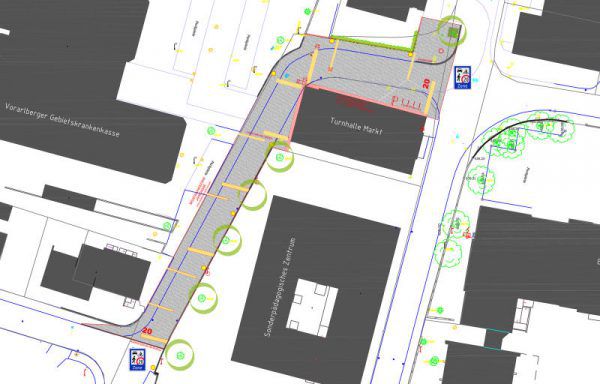 Begegnungszone: Fahrbahn und Nebenflächen sind für die Nutzung durch Fahrzeuge und Fußgänger bestimmt. ST adt Dorbirn