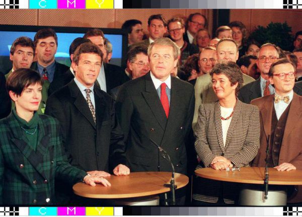 Spitzenkandidaten bei der Nationalratswahl 1995: Madeleine Petrovic (Grüne), Jörg Haider (FPÖ), Franz Vranitzky (SPÖ), Heide Schmidt (LIF) und Wolfgang Schüssel (ÖVP). APA/Gindl