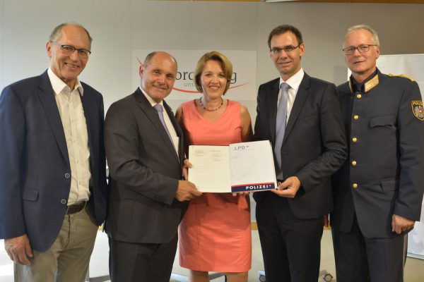 Von links: Martin Ruepp (Vizebürgermeister Dornbirn), Wolfgang Sobotka, Andrea Kaufmann, Landeshauptmann Markus Wallner und Hans-Peter Ludescher. VLK/Serra
