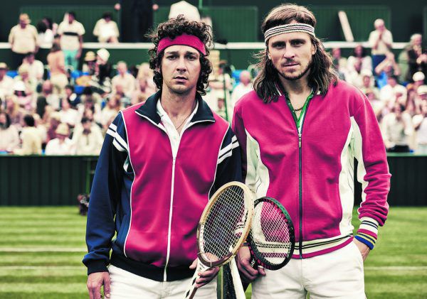 Links Shia LaBeouf und Sverrir Gudnason als McEnroe und Borg, oben ein Originalbild nach dem Finale. Filmladen (1)/AP (1)