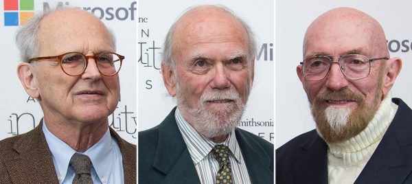 Rainer Weiss, Barry Barish and Kip Thorne (v.l.). AFP