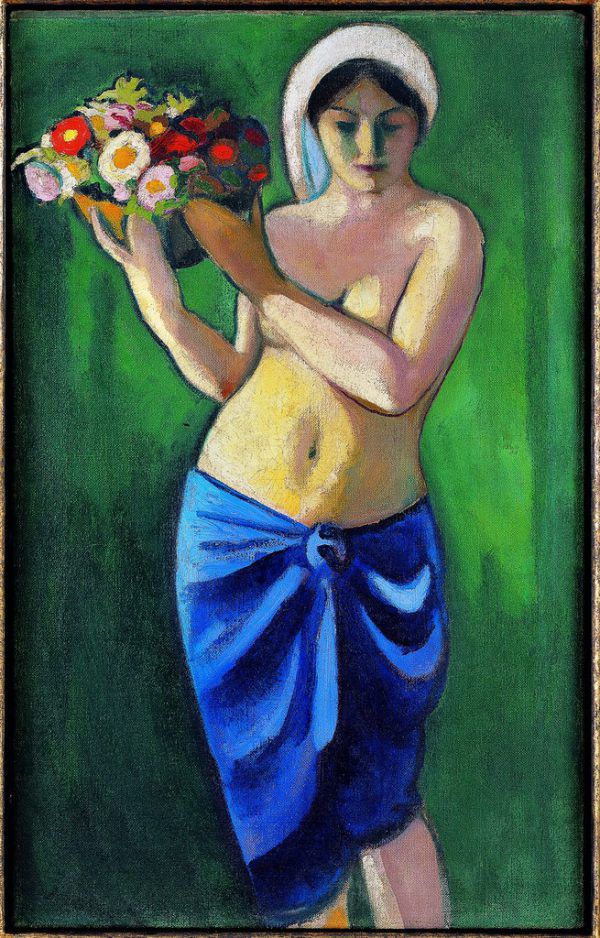Oben: August Mackes „Frau, eine Blumenschale tragend“, 1910. Links: „Modegeschäft im Laubengang“, 1913.Bernhard Strauss/privatbesitz