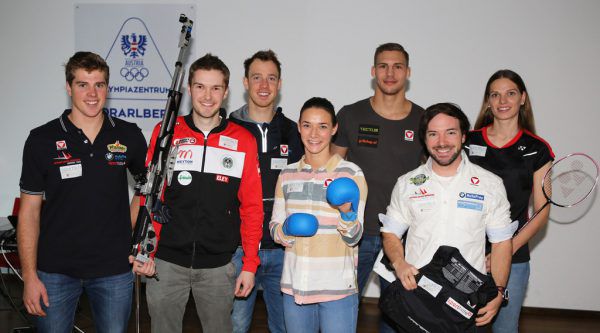Benjamin Bildstein, Thomas Mathis, Lukas Mähr, Bettina Plank, Laurin Böhler, David Bargehr und Elisabeth Baldauf (v.l.) sind „All in“-Athleten. Olympiazentrum Voralrberg