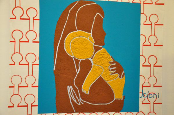 Mostafa vor seinem Bild „Islamische Kultur“. Kleines Bild: Melanis Werk „die Mutter mit Baby“.  Wolfgang Ölz (2)