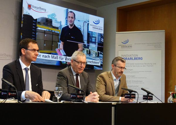 Von links: Landeshauptmann Markus Wallner, Landesstatthalter Karlheinz Rüdisser, Wisto-Geschäftsführer Joachim Heinzl.
