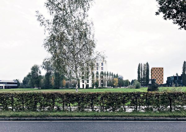 Ein Rendering des geplanten Hotels (rötlich-braunes Gebäude rechts). Prisma