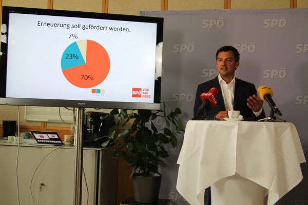 Der designierte Parteivorsitzende der SPÖ Vorarlberg, Martin Staudinger, präsentierte die Ergebnisse der Mitgliederbefragung. VOl.at/Rauch
