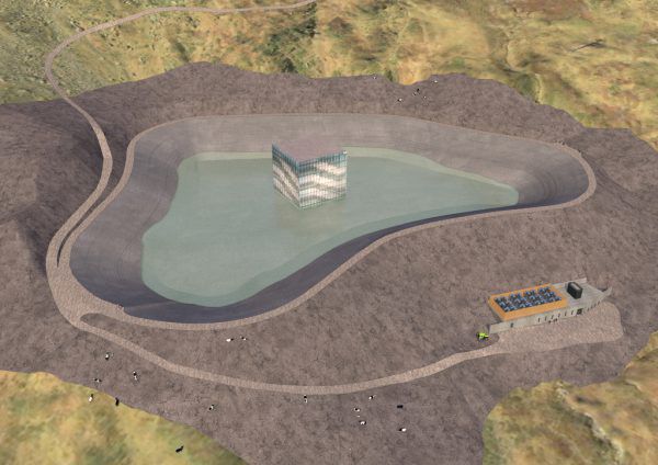 Im Rahmen des Mediengesprächs wurde eine Visualisierung des Speicherteichs präsentiert. In der Mitte ist das KUB Bregenz zum Größenvergleich eingefügt.Alpenschutzverein Vorarlberg