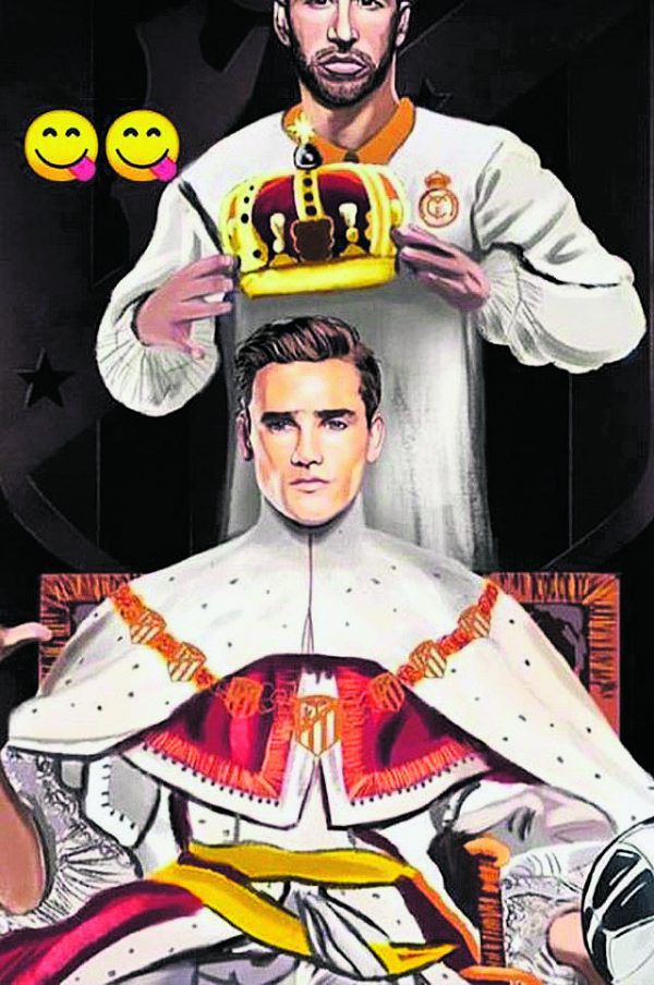Oben: Antoine Griezmann veröffentlichte nach dem Sieg keck dieses Bild, auf dem er von Sergio Ramos als Fußballkönig gekrönt wird.Links stemmt Griezmann den Supercup in die Höhe. AFP, Privat