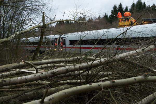 Bäume und Äste liegen auf der ICE-Trasse zwischen Hannover –Göttingen an einem ICE der Deutschen Bahn. dpa