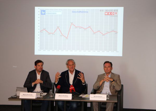 Der Geschäftsklimaindex ist laut Umfrage rückläufig, informierten Mathias Burtscher, Martin Ohneberg und Michael Amann. IV