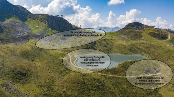 Großes Bild: Die überarbeiteten Pläne der SiMo, kleines Bild: Hier soll der Speichersee entstehen. Silvretta Montafon (1), NEUE Archiv
