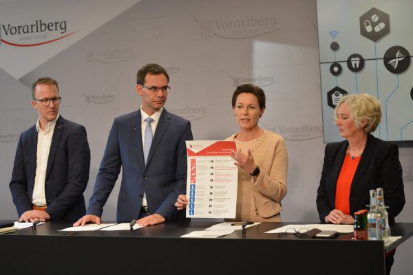 Informierten über die aktuelle Situation: Christian Gantner, Markus Wallner, Martina Rüscher (mit dem neuen Info-Blatt) und Katharina Wiesflecker (v.l.). VLK/Serra