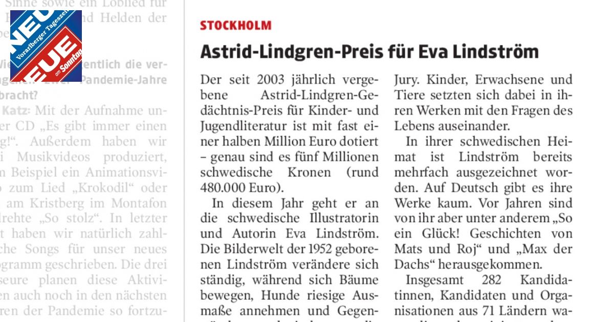 AstridLindgrenPreis für Eva Lindström NEUE Vorarlberger Tageszeitung