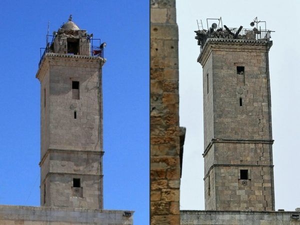 Aufnahmen vom Minarett der Moschee im Inneren der Unesco-gelisteten Zitadelle in Aleppo vor und nach dem Erdbeben.  APA/AFP
