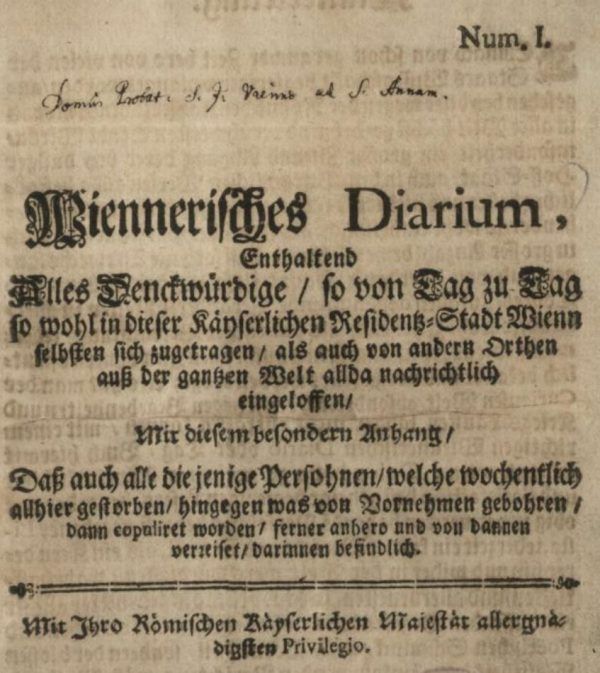 Das Titelblatt der ersten Ausgabe der Wiener Zeitung. Wiener Zeitung/Anno
