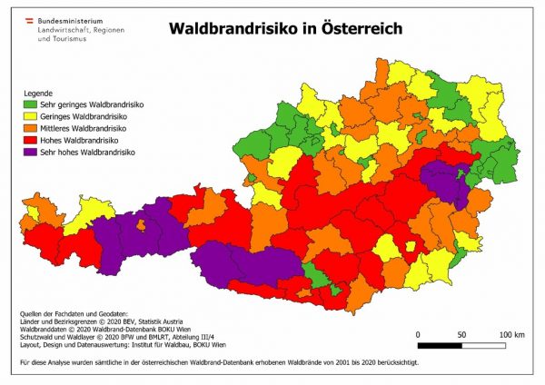 Bezirkskarte über das individuelle Risiko für Walbrände. BUKO WIen