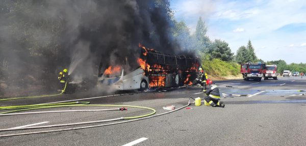 Der Bus geriet aus bislang ungeklärter Ursache in Brand.  APA/FF EICHGRABEN