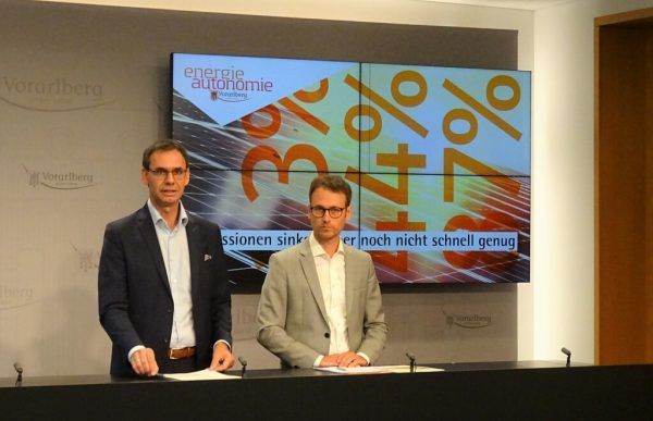 Markus Wallner (links) und Daniel Zadra stellten den aktuellen Monitoringbericht zur Energieautonomie vor. Stiplovsek, VLK