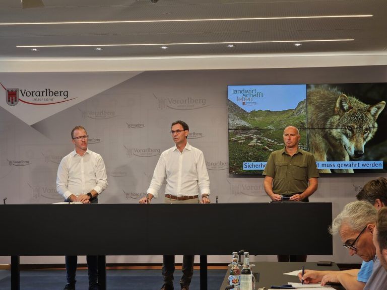Christian Gantner, Markus Wallner und Hubert Schatz beim Pressefoyer.Land Vorarlberg/M. Hämmerle