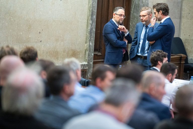 Links: Die Anwälte Norbert Wess, Martin Nemec und Oliver Scherbaum. Oben: Richter Thomas Spreitzer und ein volles Haus.APA