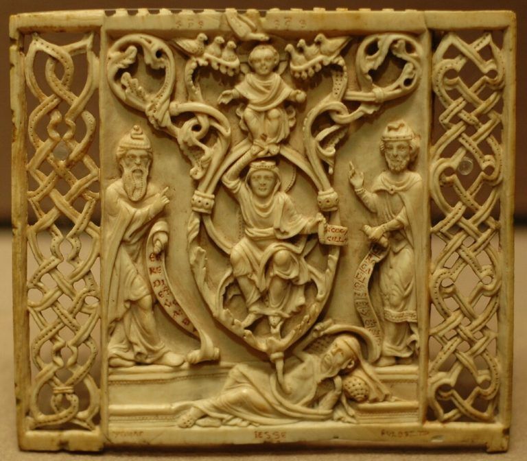 Auf diesem Bild aus dem zwölften Jahrhundert entspringt aus dem liegenden Jesse Maria als Rose und bringt Jesus hervor.cc