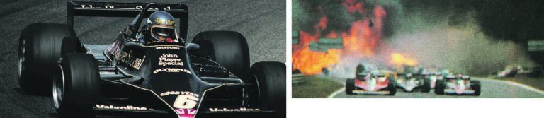 Peterson links in seinem Lotus mit der Nummer sechs und oben bei seinem Feuerunfall, an dessen Folgen er starb. RonniePeterson.se (1), Wikipeida (2)