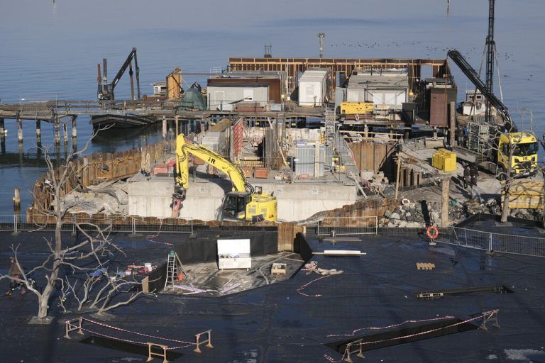 Die Bauarbeiten am neuen Bühnenbild gehen voran. Mehrere künstliche Bäume wurden bereits „gepflanzt“.Bregenzer Festspiele/Eva Cerv