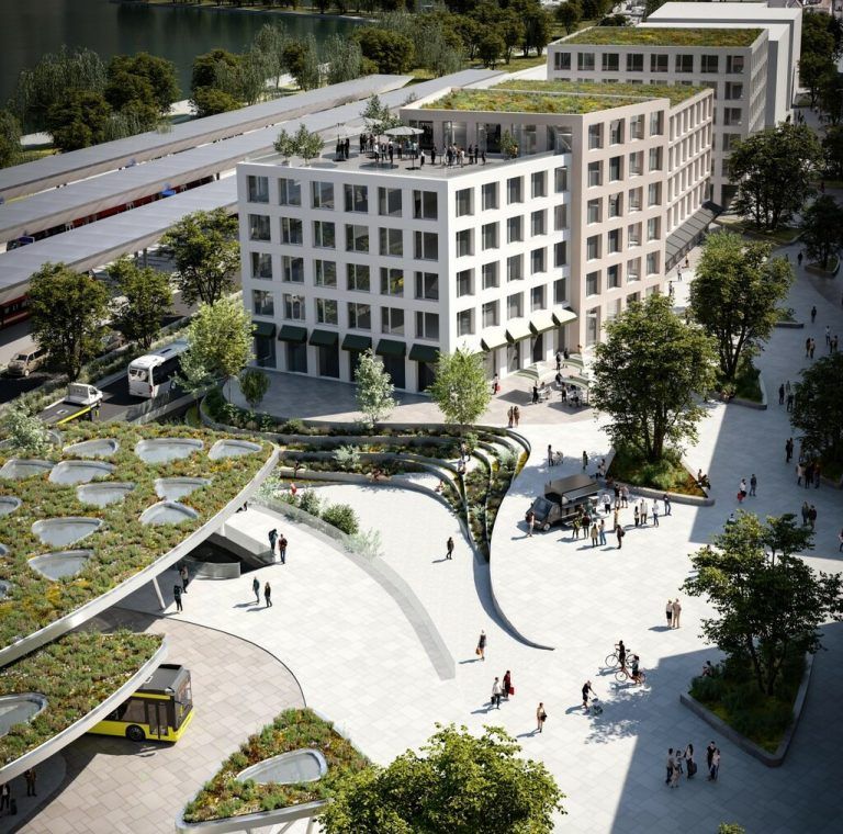 Offener Raum mit vielen Grünflächen. ÖVP Bregenz