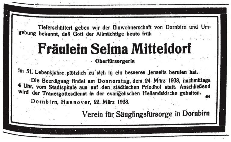 Die Todesanzeige von Selma Mitteldorf im Vorarlberger Tagblatt vom 23. März 1938. Anno