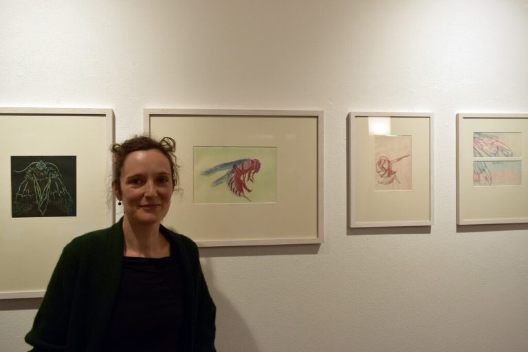 Künstlerin Melanie Berlinger vor einigen ihrer Arbeiten (links). Rechts: einige der Arbeiten mit Objekten aus früheren Wunderkammern.Brigitte Kompatscher (3)