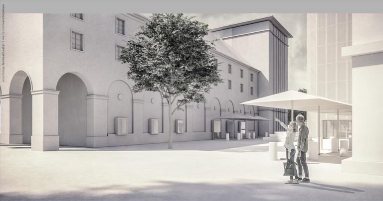 So soll das Theater nach der Sanierung aussehen: Ansicht von vorne (ganz oben) und vom Karl-Tizian-Platz aus. Landestheater/Marte.Marte Architekten