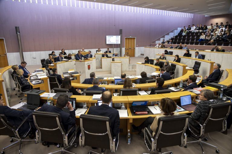 Blick auf eine Sitzung im Landtag, bei der politische Debatten stattfinden. ⇒hartinger