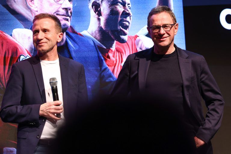 Klaus Mitterdorfer (l). und Teamchef Ralf Rangnick bei der Präsentation der ÖFB-Dokumentation „Teamgeist – Unser Weg zur EM“ im März dieses Jahres.⇒GEPA