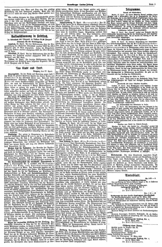 Am 27. April 1925 berichtete unter anderem die „Vorarlberger Landes-Zeitung“ über das Ergebnis der Volksabstimmung. ⇒ANNO