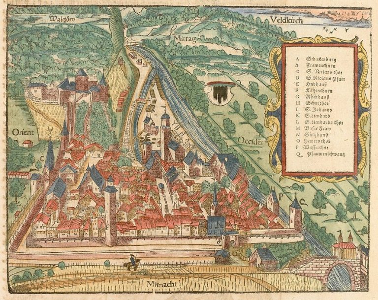Feldkirch im Jahr 1550, eine Zeichnung von Sebastian Münster. ⇒schöbi