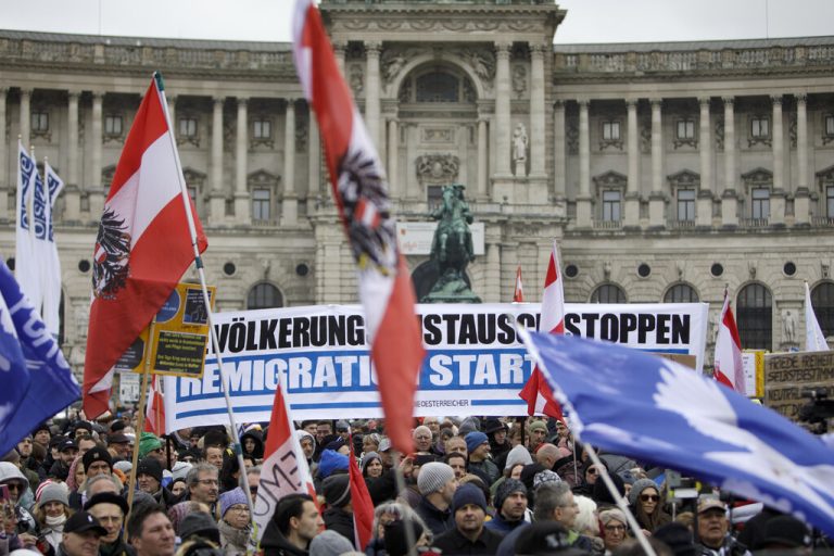 Transparente und Österreich-Fahnen auf der Demo.⇒apa/alex halada