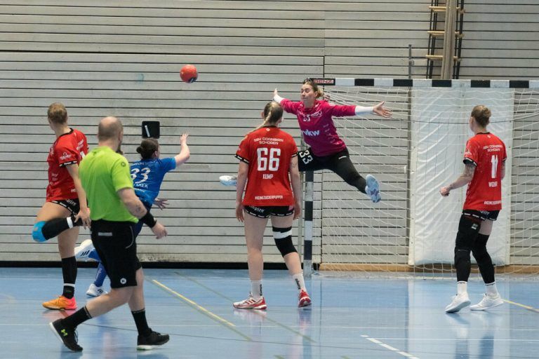 Sowohl die Feldkircherinnen als auch die Dornbirnerinnen, hier SSV-Torfrau Denise Kaufmann mit einer spektakulären Flugeinlage im Derby, haben den Klassenerhalt fixiert.⇒Dietmar Stiplovsek