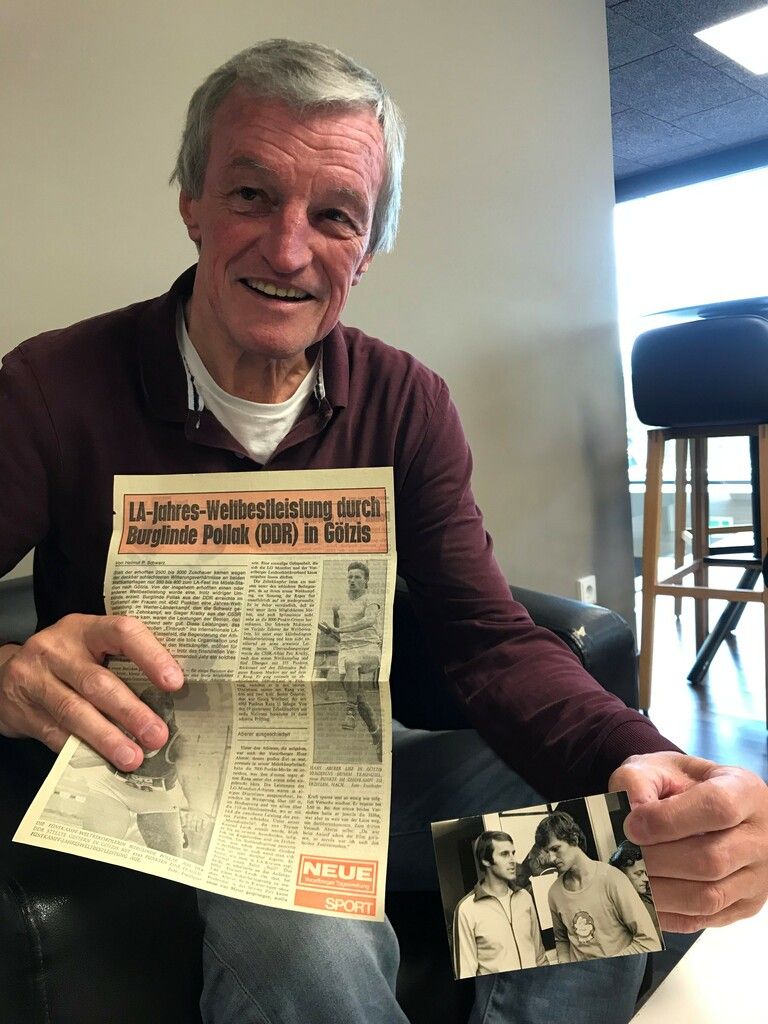 Hans Aberer damals und heute: Das Hochformatbild der NEUE aus den 1970er-Jahren zeigt Aberer beim Hochsprung.⇒Jochen Dedeleit