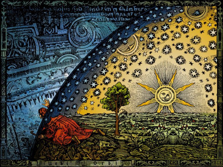 Dieser berühmte Holzschnitt, oft als „Flammarion“ bezeichnet, zeigt die Vorstellung vom Übergang zwischen der irdischen Welt und dem Kosmos.⇒Hugo Heikenwaelder