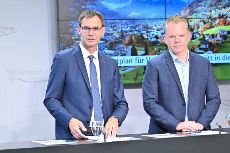 Landeshauptmann Markus Wallner (ÖVP) und sein Vize Christof Bitschi (FPÖ) bei der Präsentation des Budgetplans.⇒VLK/Serra