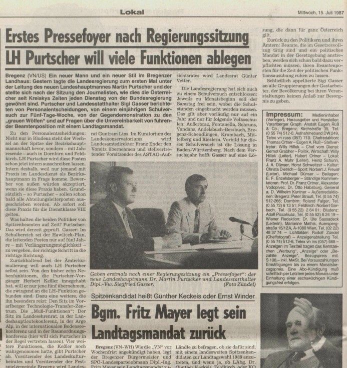 Das traditionelle Pressefoyer nach der Sitzung der Vorarlberger Landesregierung ist Geschichte. Die erste Ausgabe (Bericht oben) fand am 14. Juli 1987 statt.⇒VLK, ArchiV