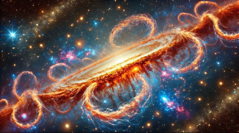 Eine KI-generierte Darstellung der Superstruktur „Quipu“ – Galaxienhaufen wie an einer Knotenschnur verbunden.⇒dall-e