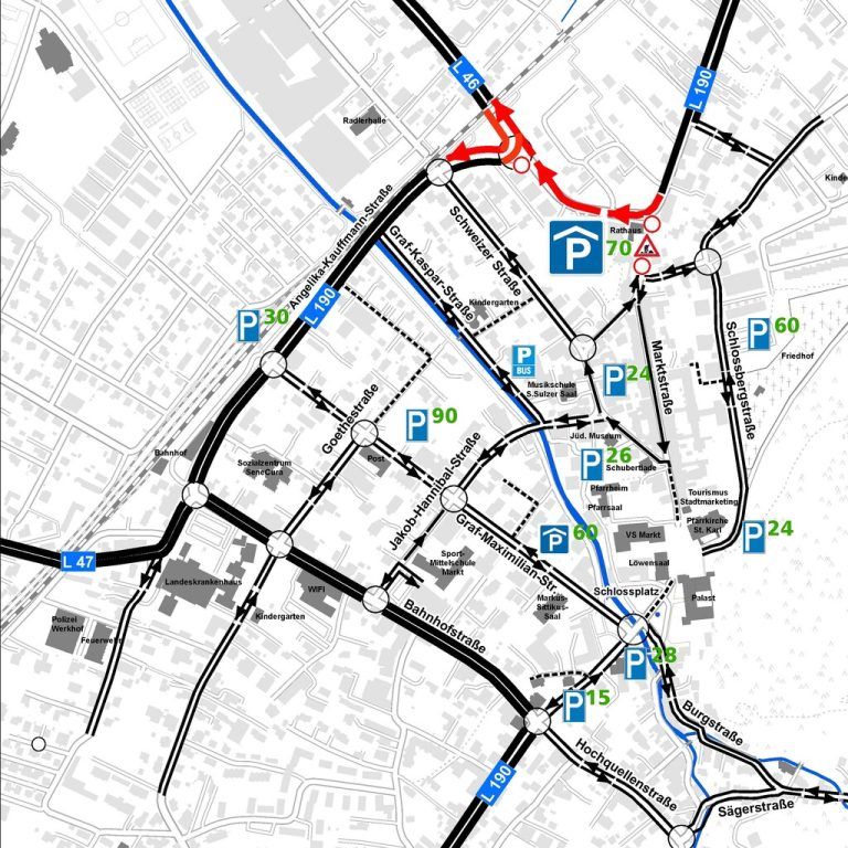 Für zwei Wochen wird der Verkehr beim neuen Rathausquartier umgeleitet. ⇒Stadt Hohenems
