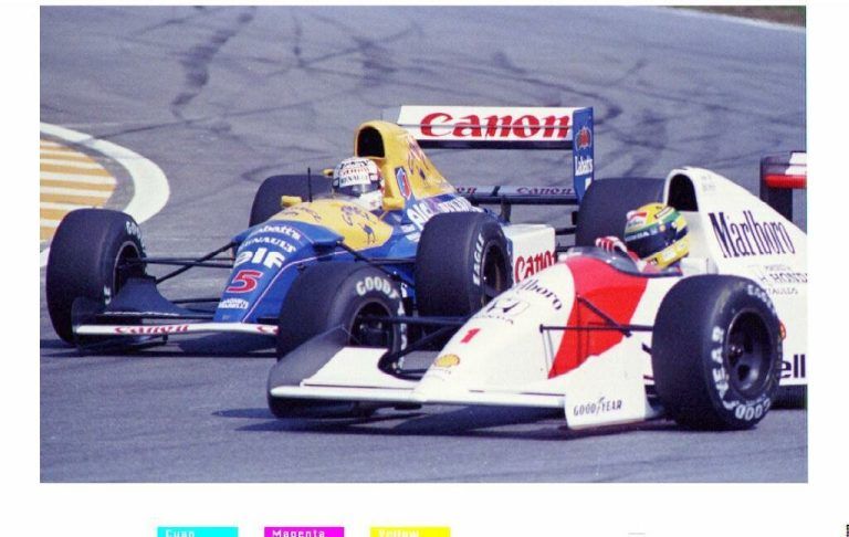 Links: Nigel Mansell lieferte sich epische Duelle mit Ayrton Senna. Oben: Sieger Mansell am Podium mit Gerhard Berger. ⇒Reuters (2), AFP