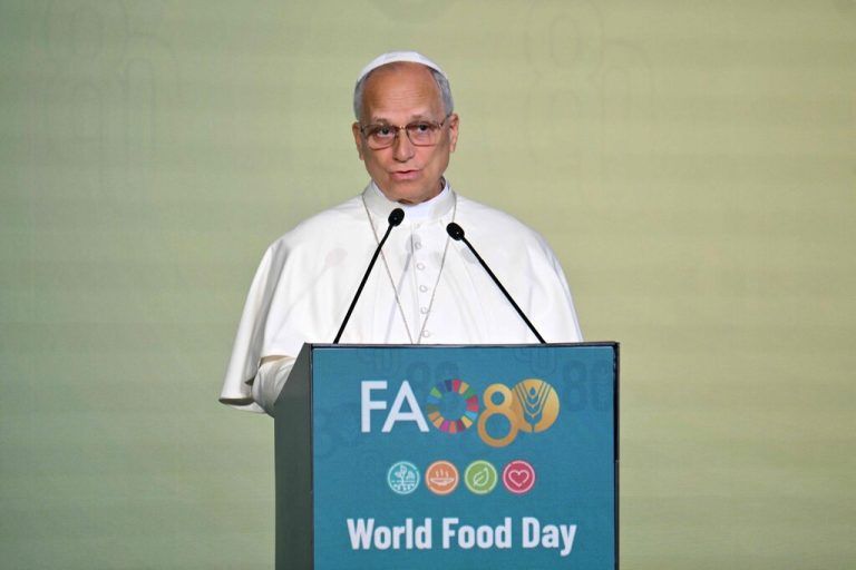Papst Leo XIV. bei seiner Rede auf der FAO-Generalversammlung.⇒afp/Pizzoli